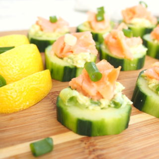 These smoked salmon & avocado cucumber apps are perfect for entertaining or even as a fancy snack for yourself! The salmon provides omega-3 fatty acids and the avocado provides healthy fat. Gluten-free and low carb.