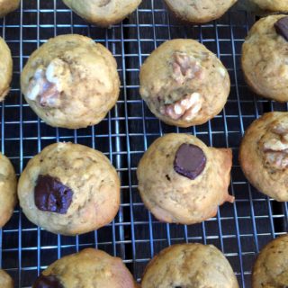 banana bread mini muffins - whole grain & dairy free, these muffins bake up in just 10 minutes - perfect for when you don't have time to wait 50 minutes for a banana bread loaf to bake! A hit with young and old alike they are great for breakfast with a dollop of nut butter and also for a mid-morning snack or coffee break. And at just 50 calories per muffin you can have more than one.