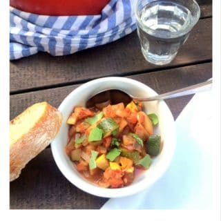 Looking for an easy way to use a bunch of your farm share veggies in one take? Give this simple, on-pot ratatouille a try. It's bursting with freshly harvested flavors that only get better with a few days in the fridge. Serve it as an appetizer or make it a meal by serving it with quinoa, pasta, or fresh bread and pesto sauce. Yum! Vegan. Gluten-free.