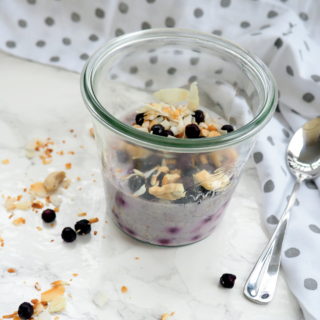Stir together the ingredients for this wild blueberry overnight oatmeal and you will be ready to start your day off right in the morning. Enjoy at home or bring along to work or school.