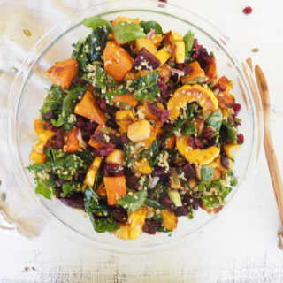 This roasted roots & squash kale-quinoa salad with a lemon maple vinaigrette is perfect for everything from lunches to potlucks. gluten-free, dairy-free, vegan; from halsanutrition.com