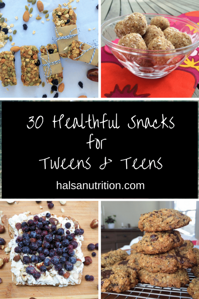 Here are 30 healthful snack ideas for your growing tweens and teens and any other hungry family members. Dietitian and kid-approved form halsanutrition.com.