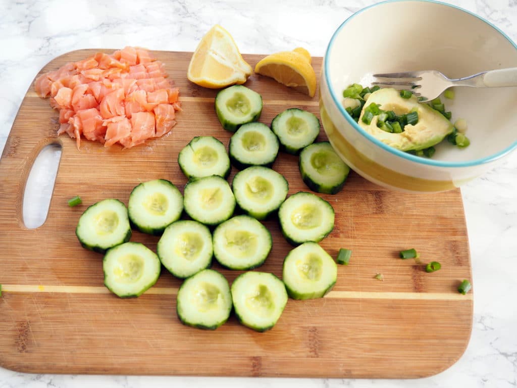These smoked salmon & avocado cucumber apps are perfect for entertaining or even as a fancy snack for yourself! The salmon provides omega-3 fatty acids and the avocado provides healthy fat. Gluten-free and low carb.