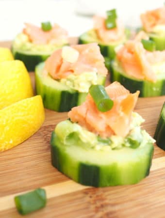 These smoked salmon & avocado cucumber apps are perfect for entertaining or even as a fancy snack for yourself! The salmon provides omega-3 fatty acids and the avocado provides healthy fat. Gluten-free and low carb.