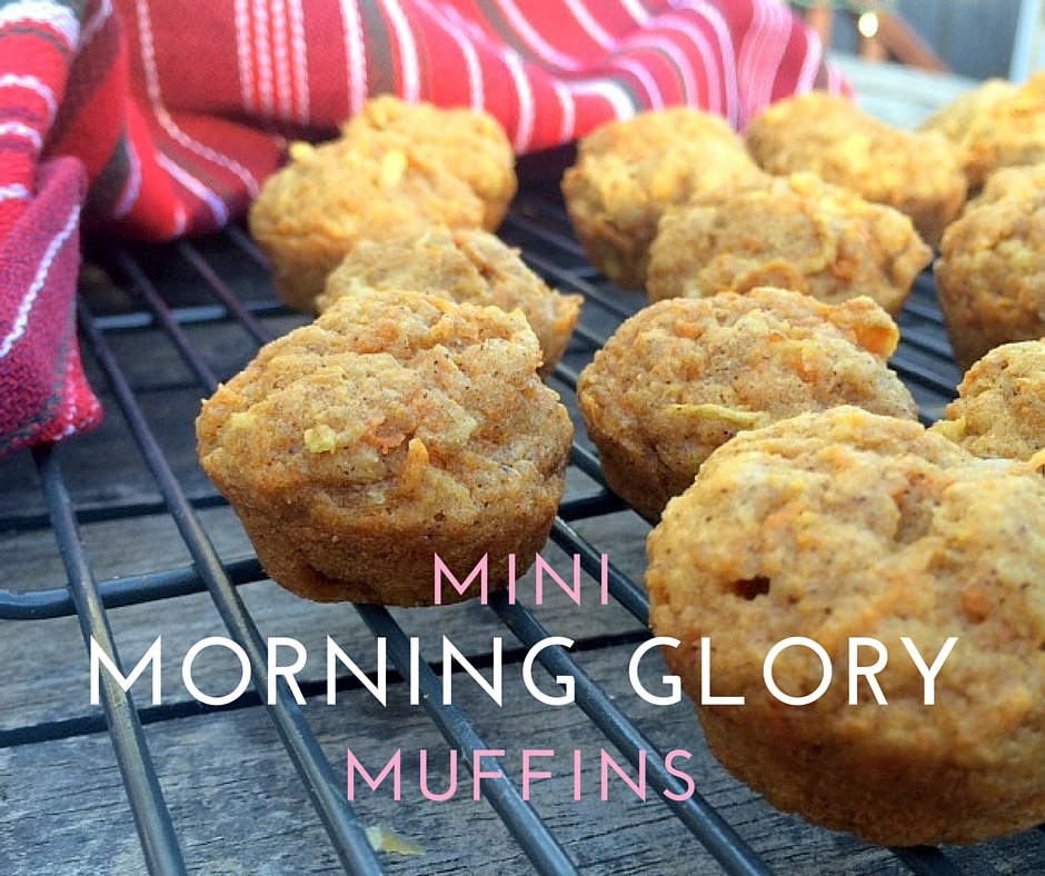 Mini Morning Glory Muffins - dairy free, nut free, whole grain; packed with the goodness of freshly grated carrots and apples; this delicious small bites will be a hit with the whole family. Recipe at www.halsanutrition.com. 