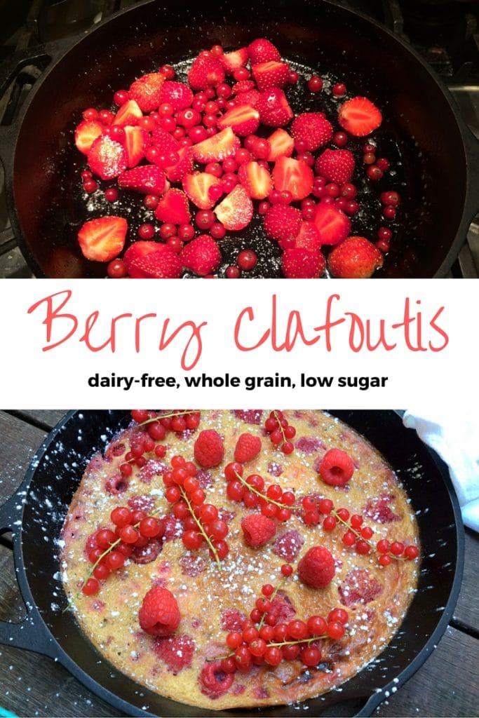 This amazingly simple berry clafoutis is not only delicious but also healthy! Made with whole wheat flour, almond flour, it is also dairy-free and lower in sugar than a traditional clafloutis. It is a bit of a Dutch Baby - Clafoutis hybrid, and it's healthful properties make it a perfect way to start or end your day! It's so easy to make: just combine ingredients in a blender, pour into a heated and greased 10-inch cast-iron pan, and start checking for doneness at 18 minutes. Enjoy!