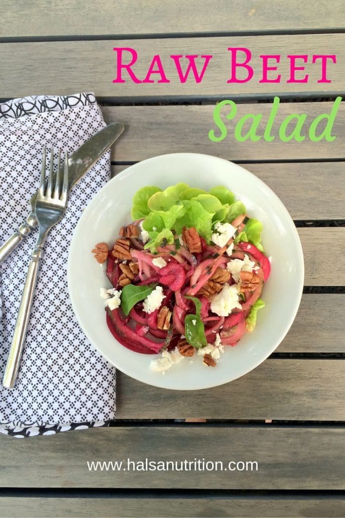 This raw beet salad presents another fun way to use your spiralizer and shows that beets don't need to be cooked to be delicious! Pair it with cucumber spirals as in this photo, carrot spirals, or just more beet spirals. Toss with this maple syrup-apple cider vinaigrette, top with pecans and goat cheese, and enjoy!