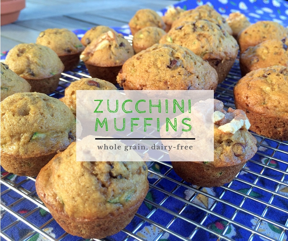 These dairy-free, whole-grain zucchini muffins are moist and delicious. Just enough sweet and filled with chocolate chips, your family is sure to love them!