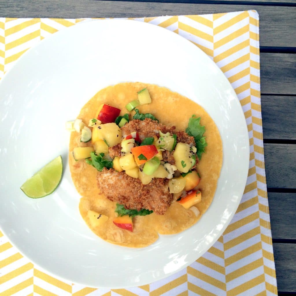 panko-crusted cod with kiwifruit salsa - add this to your Taco Tuesday rotation. Your kids will love eating it and perhaps even helping you make it! Whole grain, Dairy-free, Meat-free.