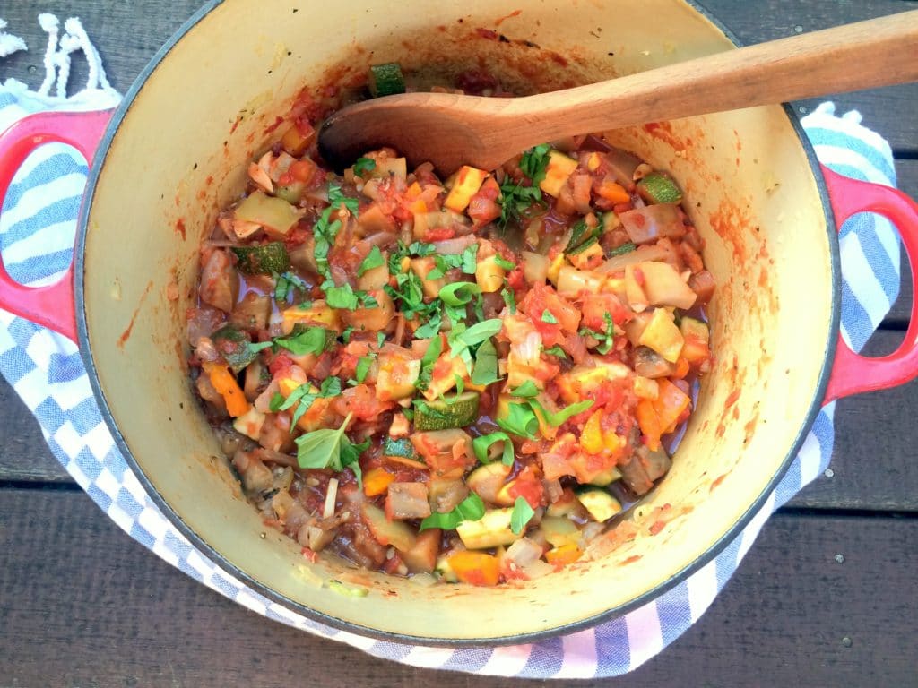 Looking for an easy way to use a bunch of your farm share veggies in one take? Give this simple, on-pot ratatouille a try. It's bursting with freshly harvested flavors that only get better with a few days in the fridge. Serve it as an appetizer or make it a meal by serving it with quinoa, pasta, or fresh bread and pesto sauce. Yum! Vegan. Gluten-free.