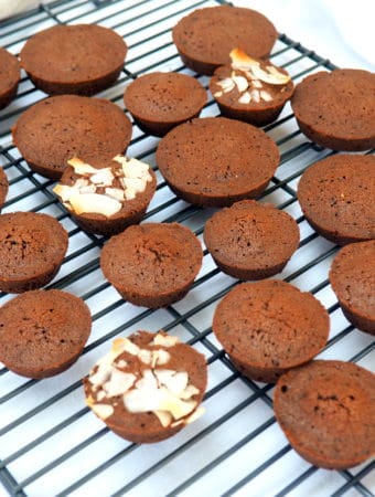 These gluten free brownie bites are a delicious treat with your afternoon coffee, after dinner, or even as a little lunch box surprise. Gooey, chocolate goodness, they are also dairy free and just 100 calories each!