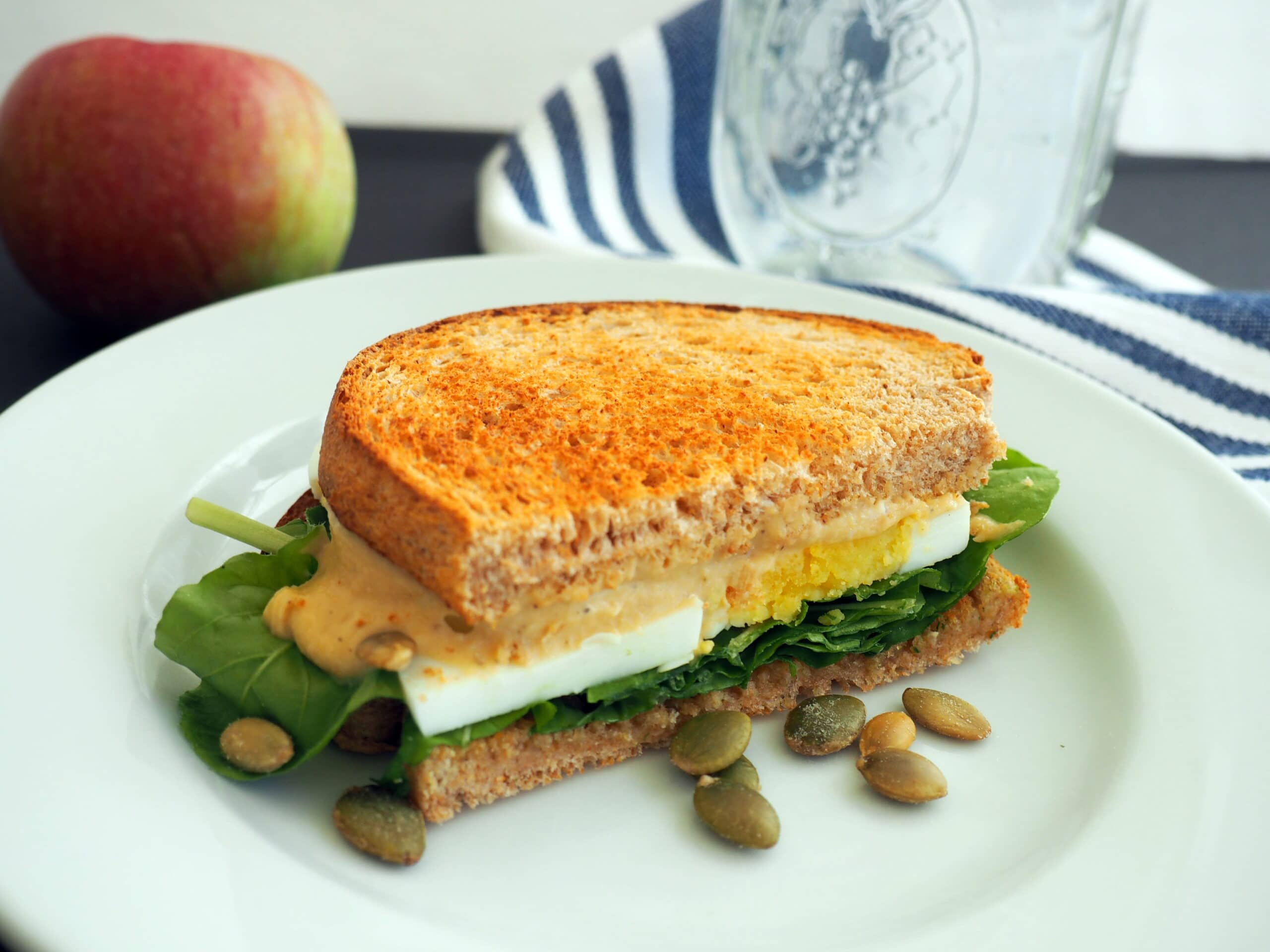 A simple, healthy way to liven up your egg sandwich! Simply add some peppery arugula and top with Sabra's delicious sea salt & cracked pepper hummus spread. Eat it like the Nordic, open-faced, or top it with another piece of bread for a classic lunch-box sandwich. Yum! Dairy-free, vegetarian.