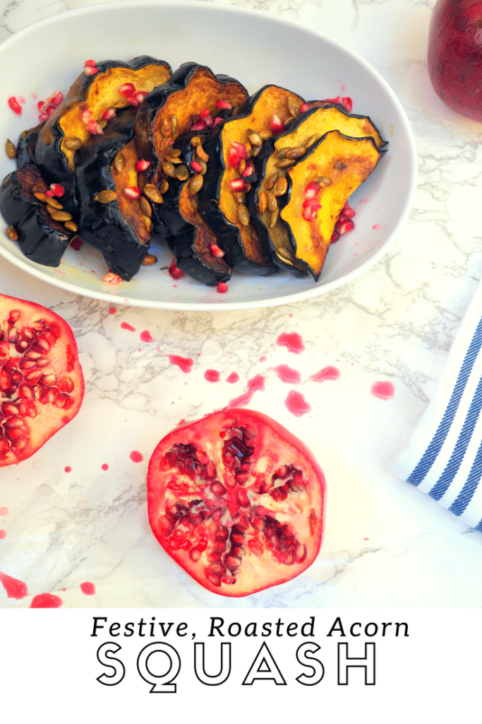 This pomegranate and pumpkin seed topped roasted pumpkin squash makes a festive addition to the holiday table. Vegan, gluten-free, and nut-free.