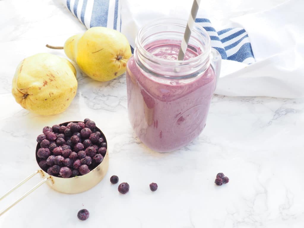 #ad Wild blueberry & pear smoothie - gluten-free, nut-free, this refreshing smoothie is packed with vitamins, minerals, fiber, probiotics #wildyoursmoothie