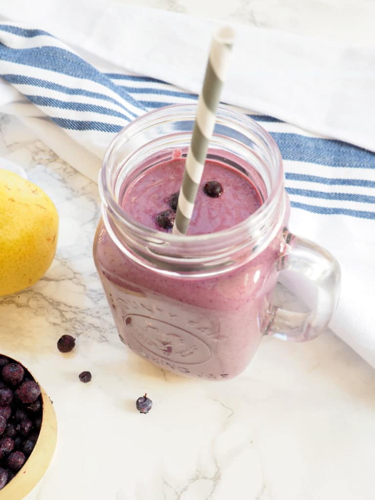 #ad This wild blueberry and pear smoothie is a refreshing healthy way to start your day. #wildyourmoothie #wildblueberrysmoothie