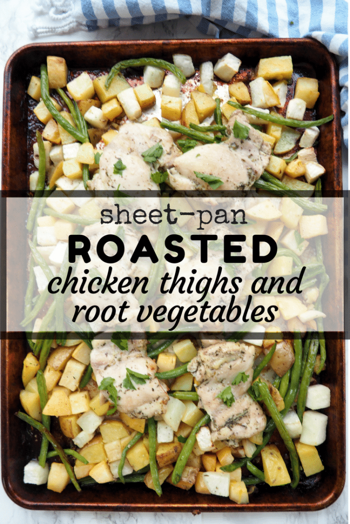 sheet pan roasted chicken thighs and root vegetables; this one-pan, family friendly meal is delicious and budget-friendly! Also gluten-free and dairy-free and featuring some Nordic favorites: rutabaga and potatoes!