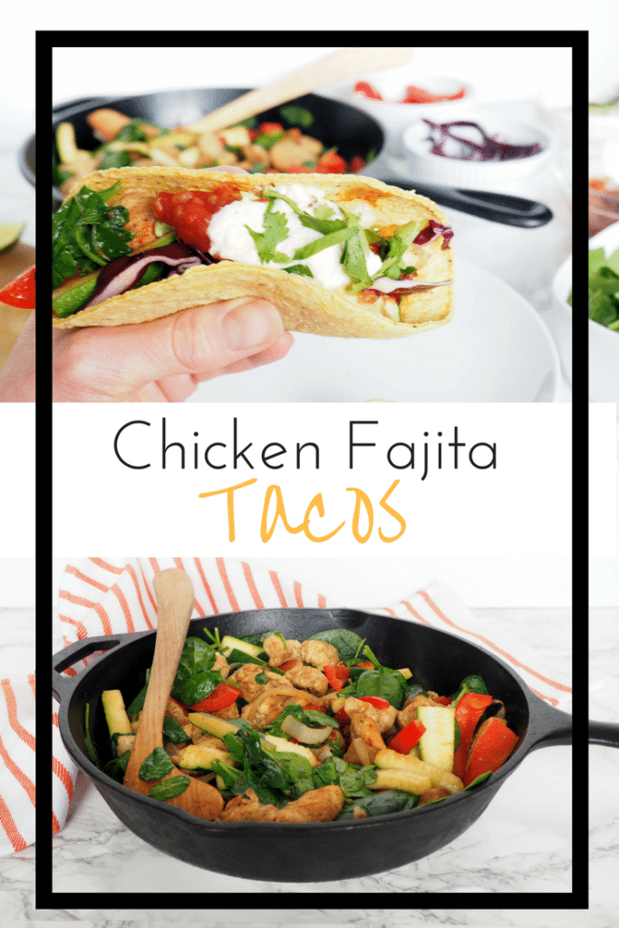 These chicken fajita tacos are a fun, healthy, and tasty addition to your taco Tuesday rotation. Packed with colorful veggies and easy to customize with your favorite veggies and toppings. Gluten-free and dairy-free without the sour cream topping.