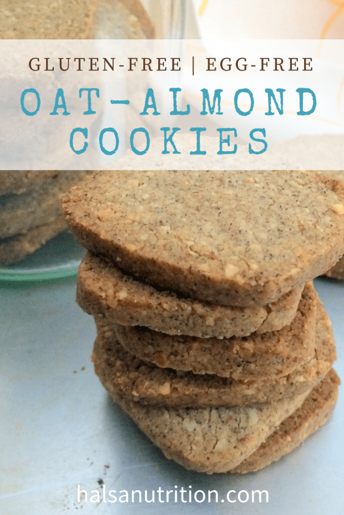 picture of cookies plus title oat-almond cookies, gluten-free, egg-free