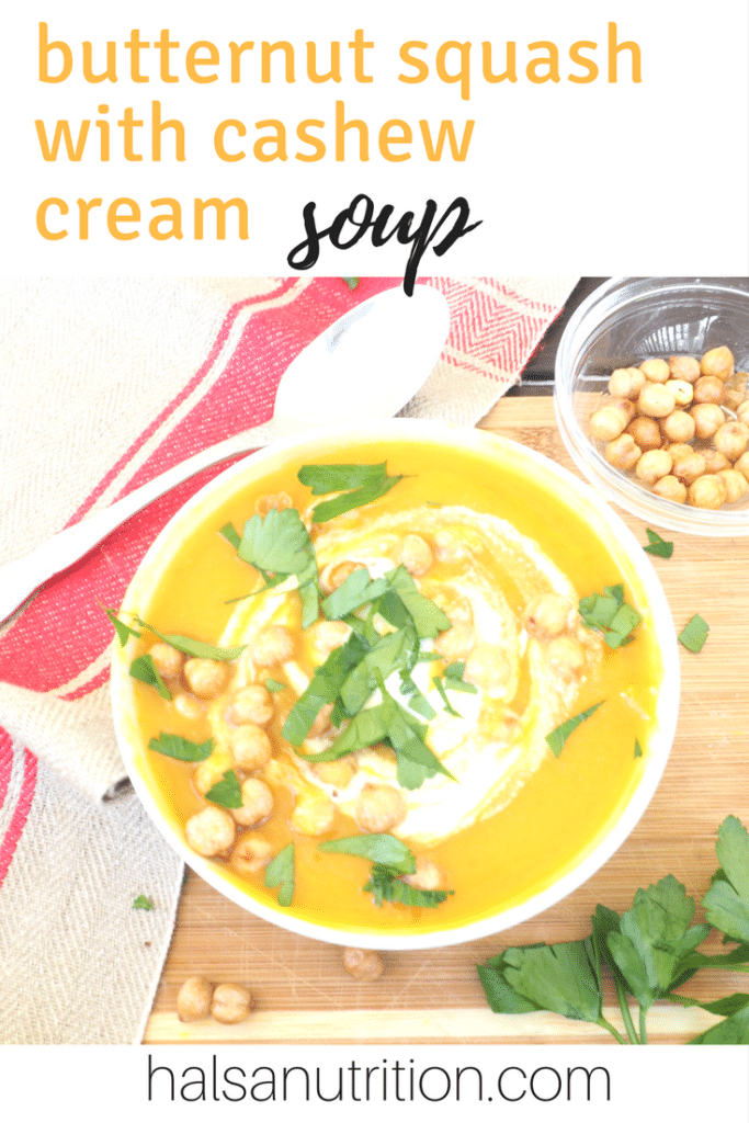 This roasted butternut squash soup with cashew cream makes for a cheerful addition to your table. Loaded with nutrition, in addition to butternut squash and carrots it also contains health-boosting turmeric, ginger, and garlic. Vegan, gluten-free, dairy-free and family friendly. 