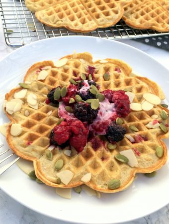 These gluten-free Nordic-style oat waffles are a wholesome treat the whole family will love. Made with oat flour, coconut flour, flax meal, eggs, Skyr, and coconut milk. Perfect for breakfast, brunch or, in true Nordic fashion, as a sweet treat.