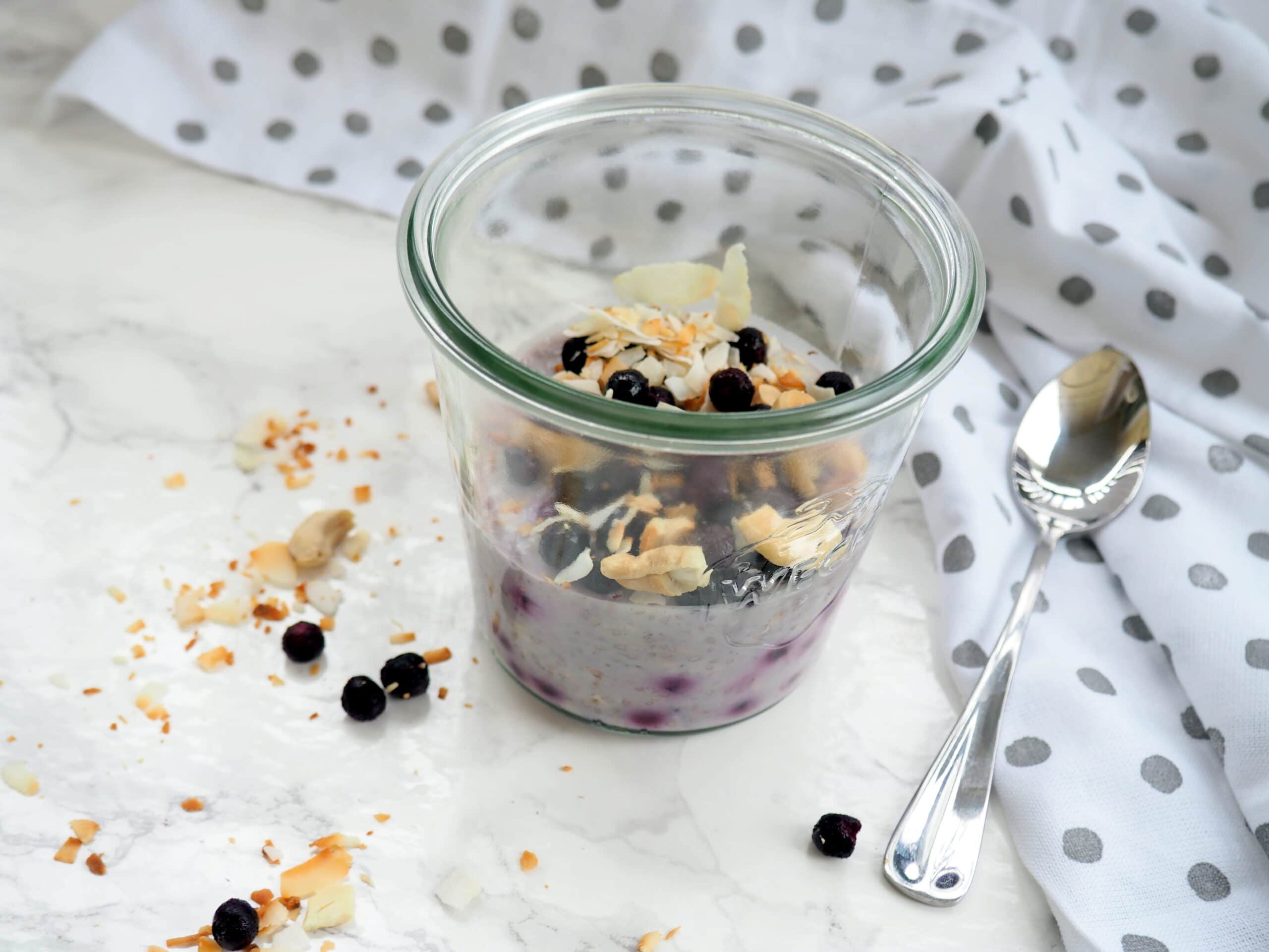 Stir together the ingredients for this wild blueberry overnight oatmeal and you will be ready to start your day off right in the morning. Enjoy at home or bring along to work or school.