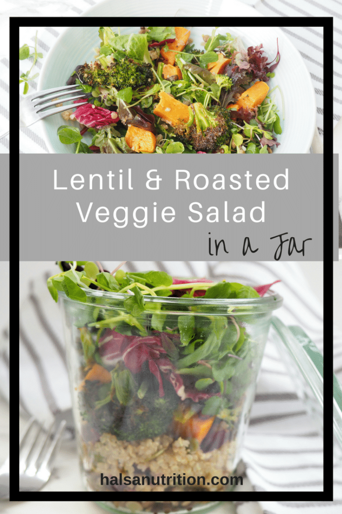 lentil and roasted veggie salad in a jar, perfect for bringing to lunch or school; gluten-free, vegan, nut-free; with lemon-miso dressing; of course, this healthy lunch is just as good eaten at home too!