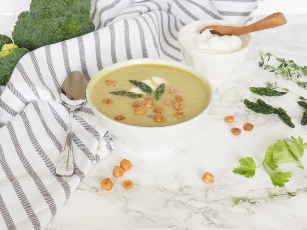 This Asparagus-Broccoli Soup is light, fresh, and nutrient-packed. Perfect spring, serve it as an appetizer before dinner or alongside baguette and cheese or a quinoa-strawberry salad for a healthy lunch. Dairy-free, gluten-free, vegetarian option, and nut-free. Halsanutrition.com