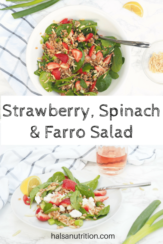 This strawberry, spinach, and farro salad is perfect for showcasing juicy, ripe strawberries. Farro is an ancient whole wheat grain that packs in 7 grams of fiber and protein per serving! A perfect side salad for your weeknight dinner or potluck salad at your next cookout. The strawberries will help entice young eaters to try the salad too!