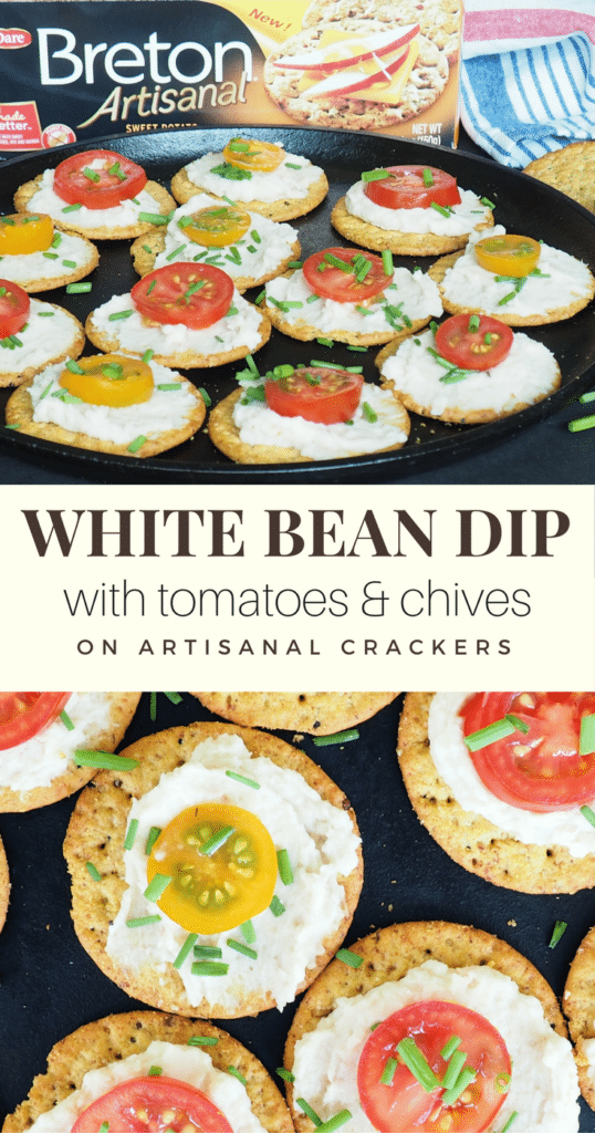 #AD Need a healthy but simple appetizer idea for your next get-together? These crackers with white bean dip, tomatoes, and chives are perfect! Use summer fresh grape or cherry tomatoes for maximum flavor! #vegan From halsanutrition.com