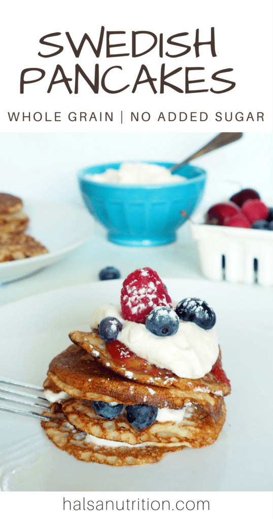 These whole grain Swedish pancakes make a delicious lunch or breakfast that your whole family will love. Swedish pancakes are naturally savory, with a base of milk, eggs, and grains and no added sugar. Top them with fresh berries, applesauce, homemade jam, or cream. Or go completely savory and top them with sauteed spinach and mushrooms or smoked salmon and avocado. This is joyful eating at its finest. Enjoy! From halsanutrition.com 