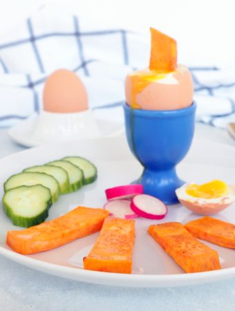 Old-school dippy eggs get a fresh update with addition of sweet potato soldiers and a side of veggies. This nutritious, colorful breakfast is perfect for fueling up before school or work. Fun. Simple. Protein-packed. Nutrient-rich. Gluten-free. Kid-approved. Mom-approved. From halsanutrition.com