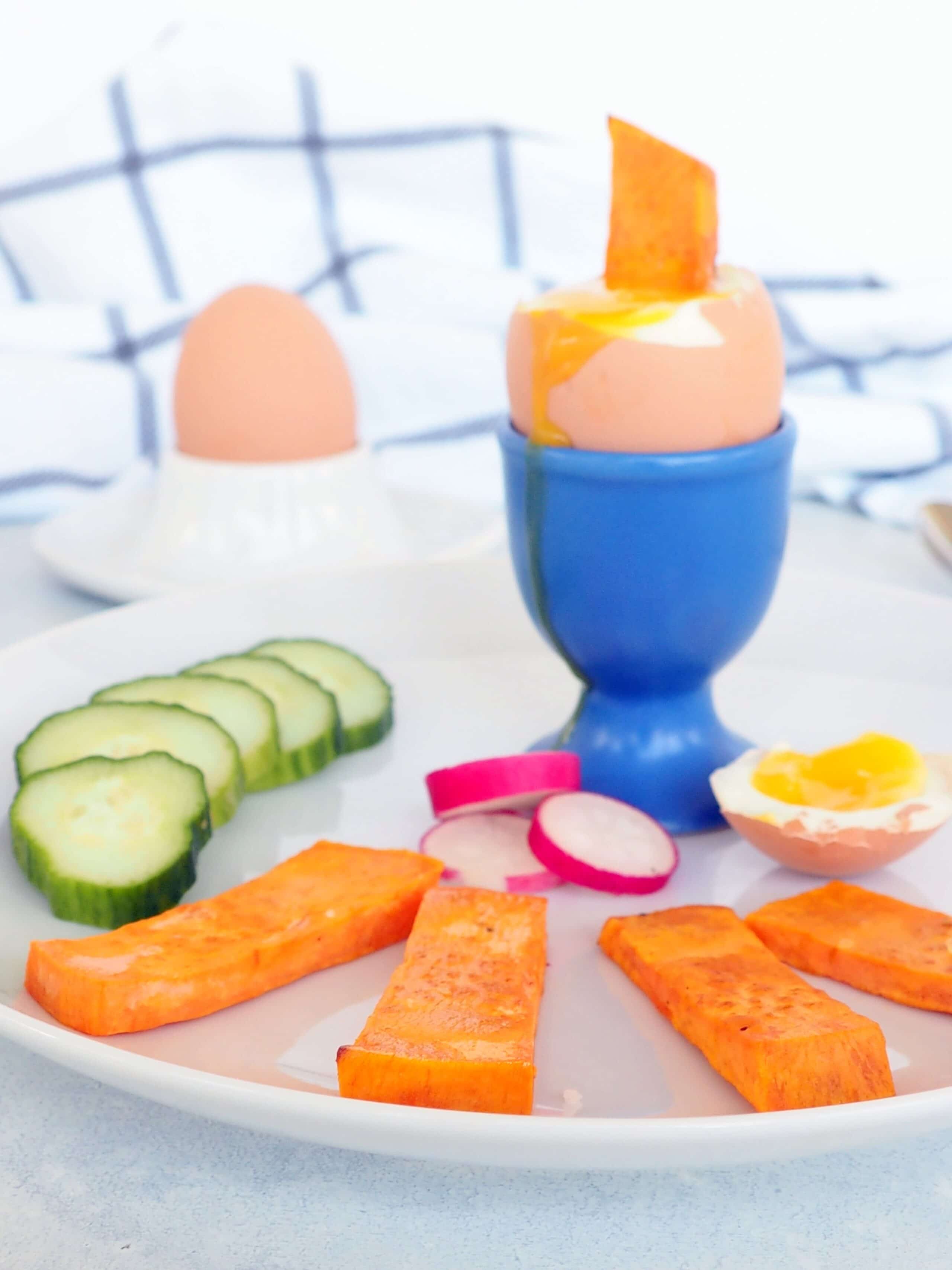 Old-school dippy eggs get a fresh update with addition of sweet potato soldiers and a side of veggies. This nutritious, colorful breakfast is perfect for fueling up before school or work. Fun. Simple. Protein-packed. Nutrient-rich. Gluten-free. Kid-approved. Mom-approved. From halsanutrition.com