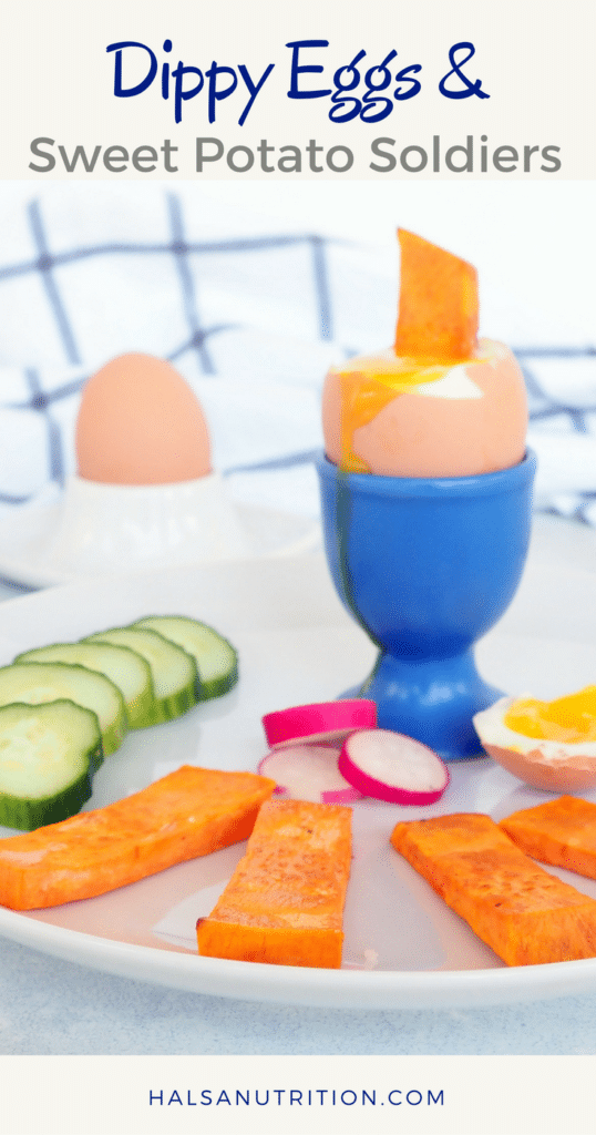 Old-school dippy eggs get a fresh update with addition of sweet potato soldiers and a side of veggies. This nutritious, colorful breakfast is perfect for fueling up before school or work. Fun. Simple. Protein-packed. Nutrient-rich. Gluten-free. Kid-approved. Mom-approved. From halsanutrition.com #thereciperedux