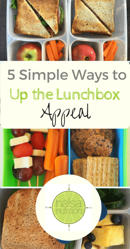 Stuck in a lunch rut? Here are 5 simple ways to up the lunchbox appeal. From halsanutrition.com #school #lunchbox #healthykids 