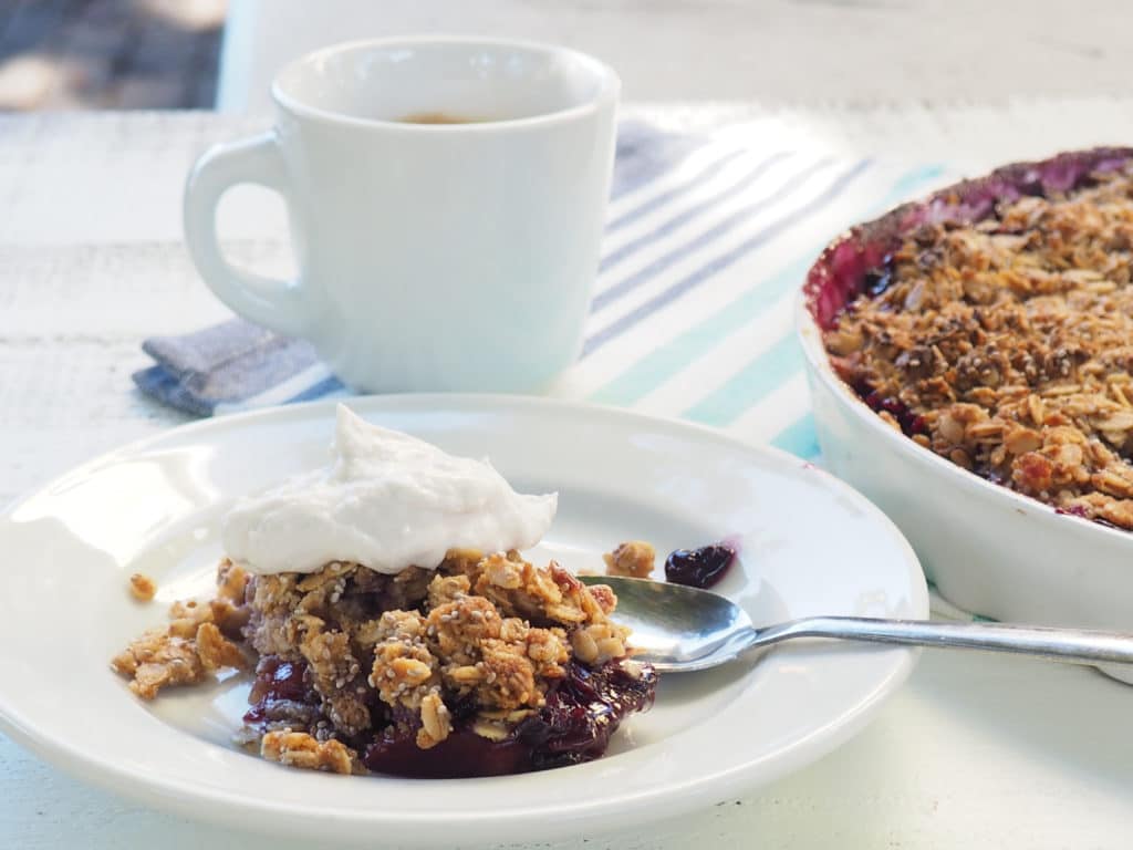 This blueberry peach breakfast crisp is packed with delicious flavor and wholesome goodness, making it the perfect addition to your breakfast! Yes, why not make a crisp that is just for breakfast! It's sure to brighten up your weekday morning and it's ample size means leftovers the next day. Vegan and gluten-free, it's also easy to make nut-free. So get some peaches and wild blueberries and go! 