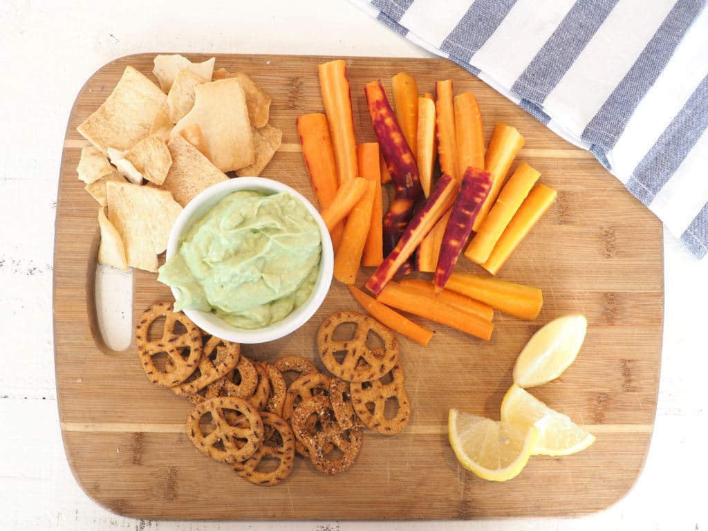 snack board, pretzels, dip, veggies