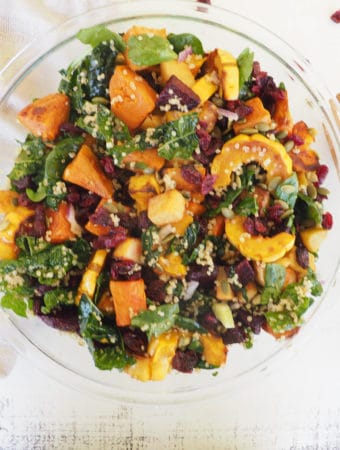 This roasted roots & squash kale-quinoa salad with a lemon maple vinaigrette is perfect for everything from lunches to potlucks. gluten-free, dairy-free, vegan; from halsanutrition.com