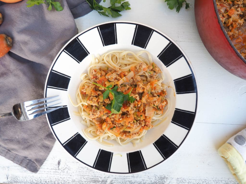 This veggie loaded turkey bolognese is a family favorite. A sure way to get extra veggies into the whole family. Delicious and nutritious it's also suitable for gluten-free and dairy-free diets. Serve over your favorite pasta. Or try it with zoodles, spaghetti squash, quinoa, or rice. From halsanutrition.com.