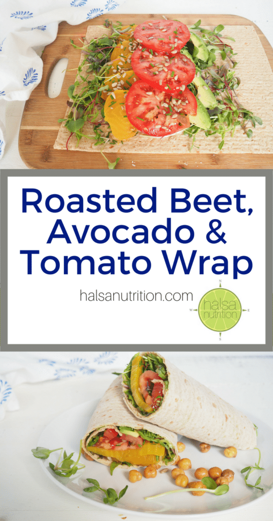 This Roasted Beet, Avocado, and Tomato Wrap is the perfect summer sandwich. Like having a salad in a wrap, it's packed with deliciousness in every bite. With microgreens, toasted sesame seeds, and fresh lemon juice, this is no ordinary wrap. Keep it vegan or add a little feta cheese if you like. Serve with roasted chickpeas and fresh summer berries. From halsanutrition.com.