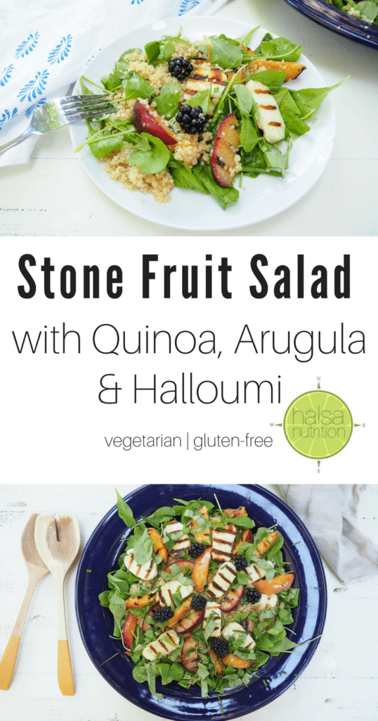 This stone fruit salad with quinoa, arugula, and halloumi is perfect for summer grill nights. Enjoy as a side salad or top with cannellini beans or grilled chicken for a festive dinner salad. Vegetarian & gluten-free. From halsanutrition.com