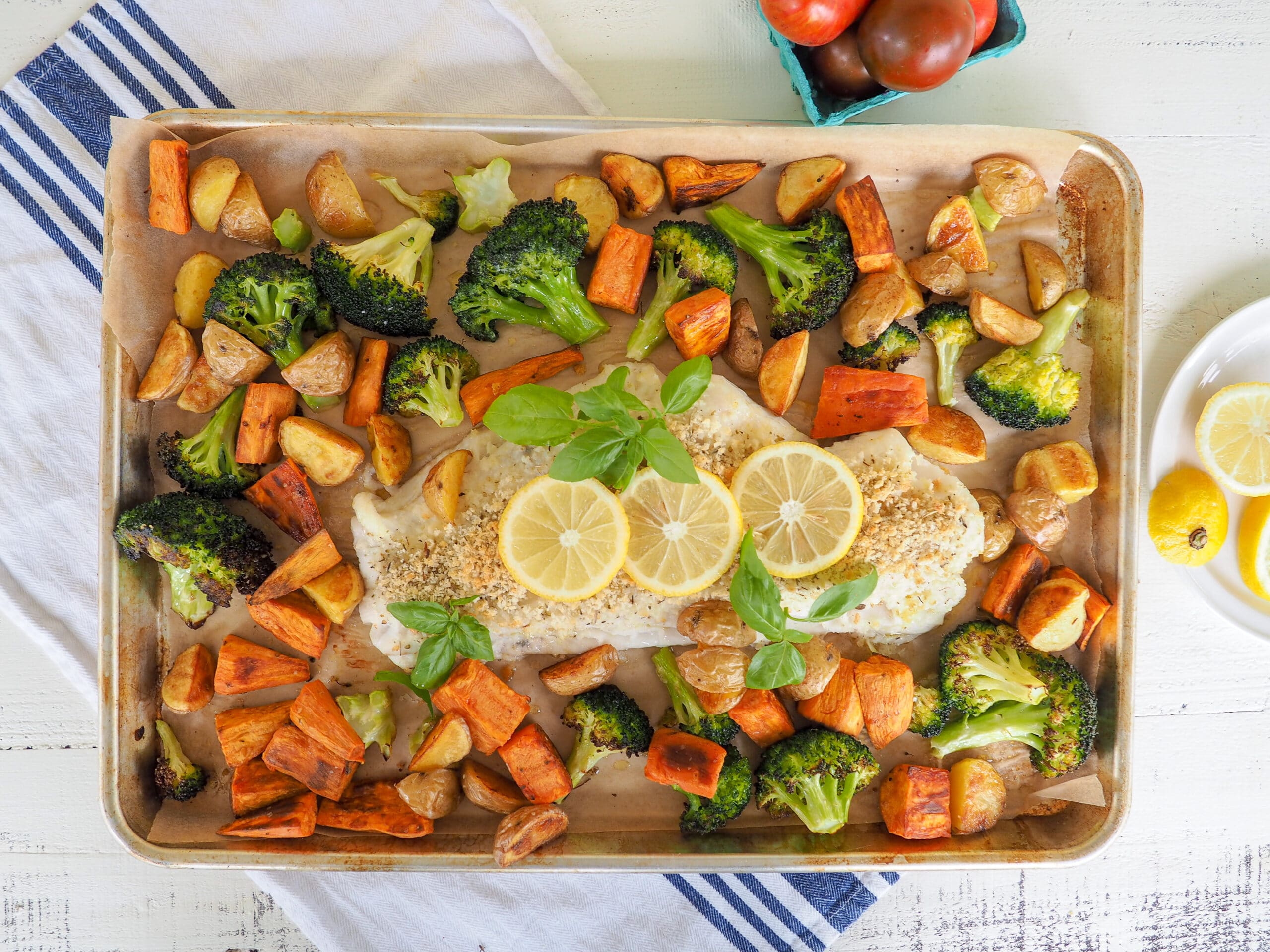 This sheet pan cod and veggie dinner makes weeknight seafood eating a breeze. Fresh cod pairs deliciously with roasted potatoes and broccoli. Add a side salad if you want some extra veggies and some Swedish rye crispbread with cheese or hummus if you have hungry, growing kids!