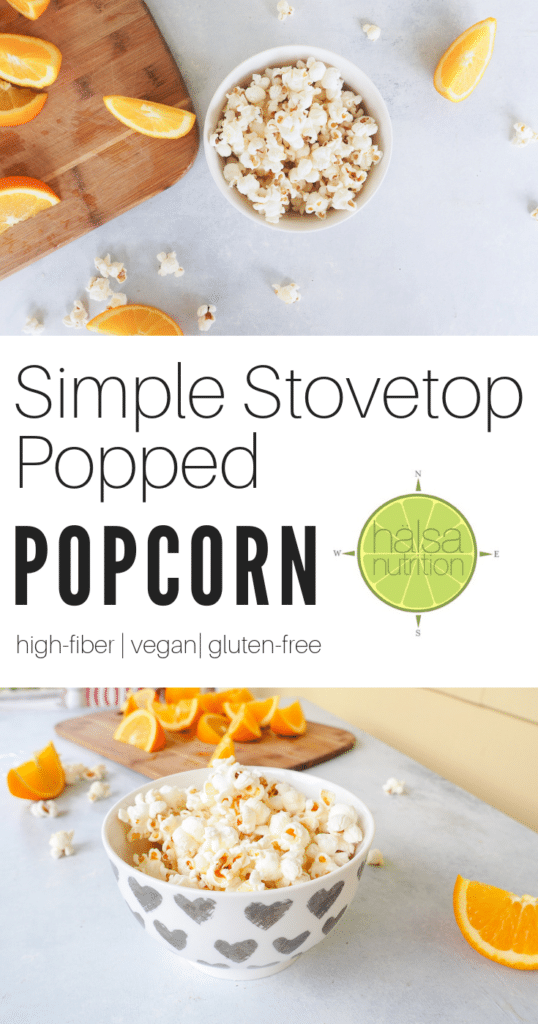 This simple stovetop popped popcorn is perfect for after school snack time and movie night. Whole grain, high-fiber, gluten-free, vegan, and approved by kids and dads! from halsanutrition.com