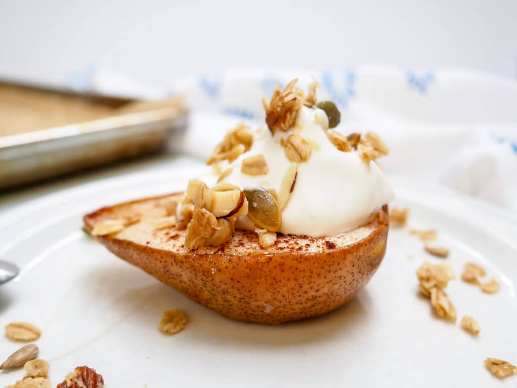 These baked maple and cinnamon pears make a perfect dessert but are healthy enough for breakfast! Gluten free, vegan, and kid-approved. Serve with sides such as Skyr, whipped cream, coconut cream, and homemade granola.