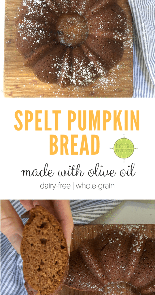This dairy-free spelt pumpkin bread is delicious! Made with extra-virgin olive and sweetened with maple syrup, it's a wholesome whole grain treat you can feel good about serving your family! Plus how fun is to use a bundt pan? From halsanutrition.com 