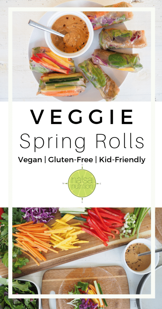 These veggie spring rolls are a fun, colorful way to serve veggies to your family. Perfect as an appetizer or side-dish. Gluten-free and vegan. Halsanutrition.com