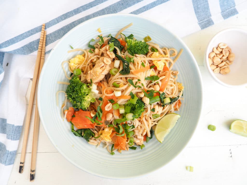veggie-packed pad thai from halsanutrition.com; gluten-free, dairy-free, vegetarian, kid-approved