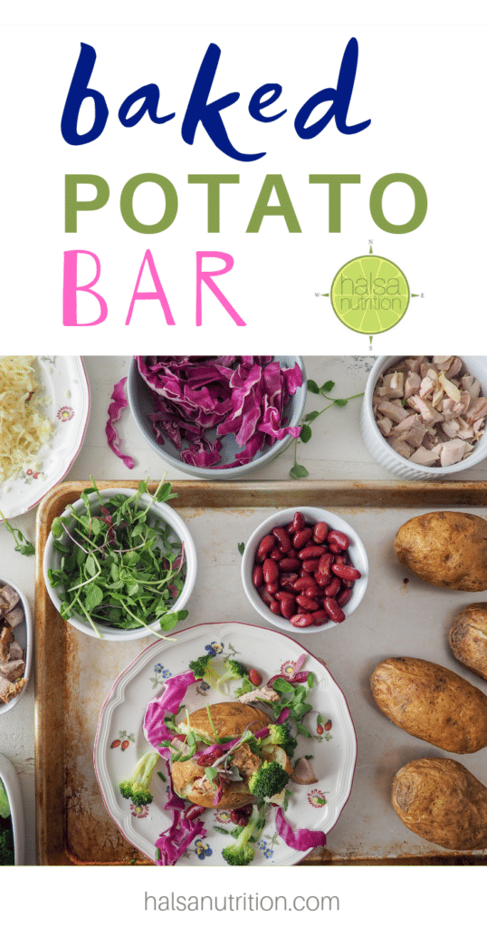 Baked potato bar! A perfect family dinner idea. Great for varying food preferences and food allergies. From halsanutrition.com