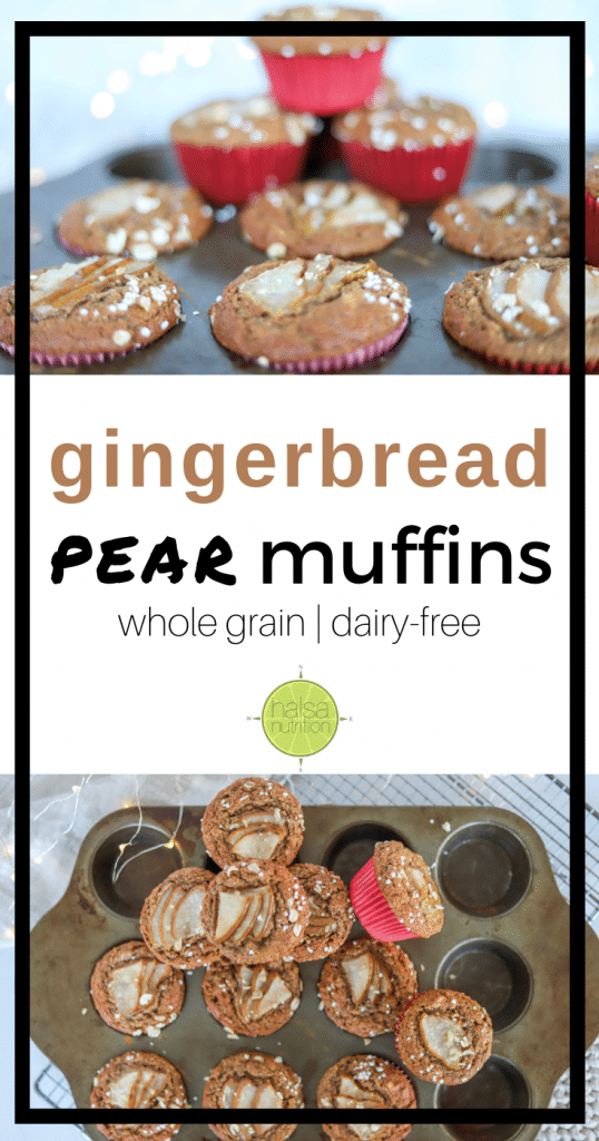 Pin image featuring photos of gingerbread pear muffins