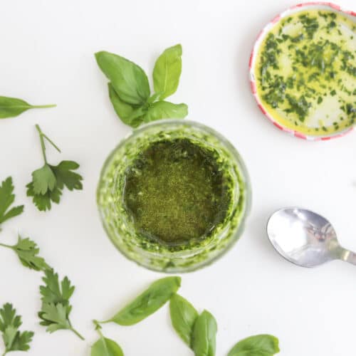 basil parsley sauce in jar