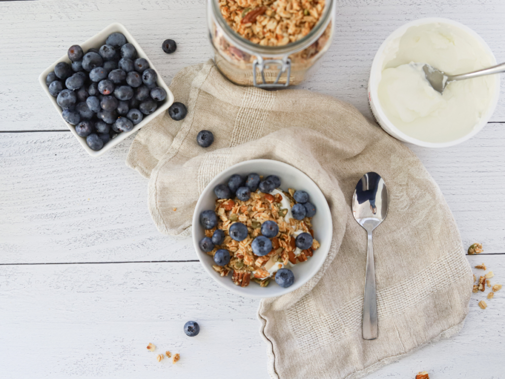 Greek yogurt, granola, and blueberries